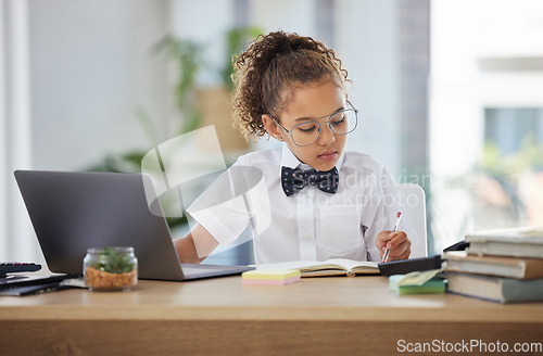 Image of Business, writing and child play pretend with laptop, notebook and planning for imagination career, learning or education. Focused professional kid or girl with dream job, game or working on computer