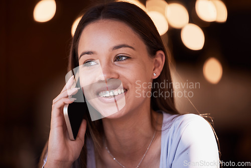 Image of Mobile phone call, communication and face of happy woman listening, talking and chat to networking contact. Discussion, smartphone or gen z person smile, speaking and on cellphone conversation