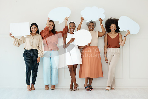 Image of Business woman, team and speech bubble in social media holding shapes or icons against a wall background. Portrait of happy women friends with poster shaped symbols for networking or communication