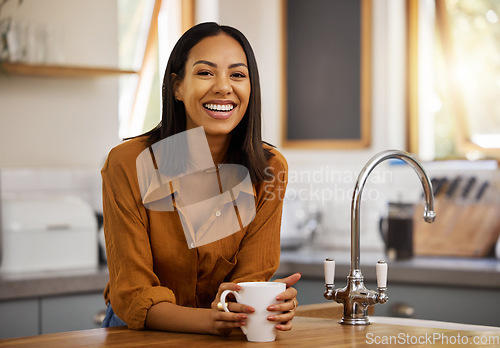 Image of Happy, coffee and woman portrait at home in a kitchen with a hot drink feeling relax and calm in the morning. Happiness, zen and female drinking in a house holding a mug in a household with tea