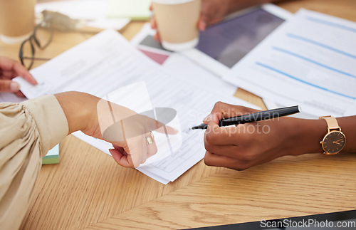 Image of Hands, paperwork and signing contract in office for business deal, hiring or application form. Pointing, writing and signature on documents for agreement, hr onboarding or recruitment with women.