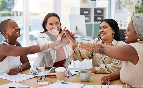 Image of Teamwork, business women and high five in office for team building, motivation and collaboration. Cooperation, celebration and group of happy people or staff celebrating goals, success or achievement