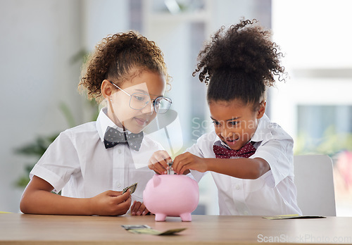 Image of Kids, saving and piggy bank budget of girl friends playing pretend office accountant workers. Financial planning, learning and children with cash and money deposit profit into safe with happiness