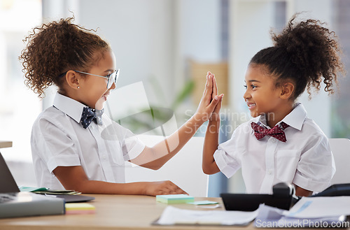 Image of Happy kids, high five and hands of students with teamwork from business celebration at play office. Girl friends, education and working children with work together of pretend and make believe