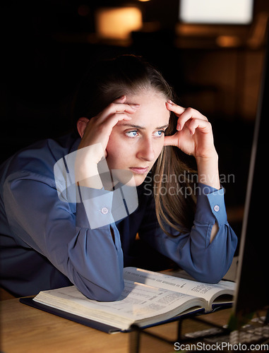 Image of Burnout, computer and night with a business woman doing research in an office late for overtime on a deadline. Stress, headache and mental block with a young female employee working in a dark room