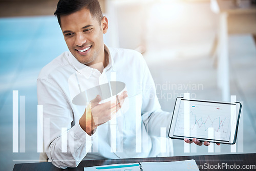 Image of Tablet screen, graphs and presentation of man for stock market, data analytics or speaking of company growth. Professional accountant person on digital tech for statistics, charts and revenue overlay