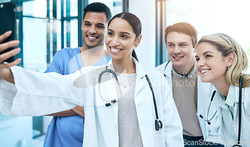 Image of Selfie of nurses, doctors or medical group of people for social media, hospital or healthcare teamwork post. Happy, diversity and young women and men with internship profile picture or career memory