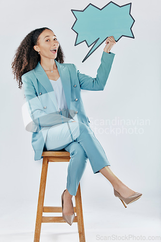 Image of Business woman, speech bubble and studio portrait for mockup, opinion and space by white background. Happy entrepreneur, smile and ideas for social media, mock up and happiness for company promo