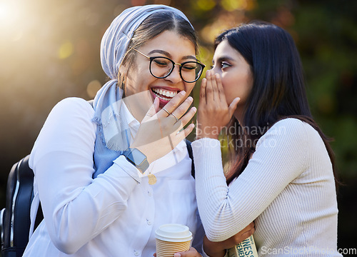 Image of Funny, friends and women with smile, gossip and conversation with joy, laughing and youth. Young female people, happy ladies and share secrets with discussion, rumors or whisper in ear with happiness