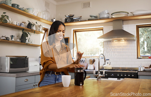 Image of Kitchen, coffee and woman with French press for breakfast latte, cappuccino and hot beverage at home. Relax, morning routine and happy girl make espresso, caffeine drink and brewing in apartment