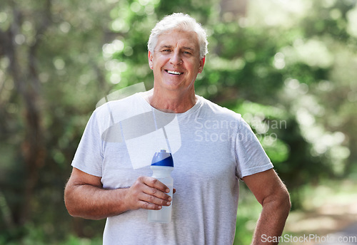 Image of Man, exercise portrait and outdoor with water bottle for run, workout and training for fitness. Senior male happy for hydration, cardio health and wellness while running in nature and retirement