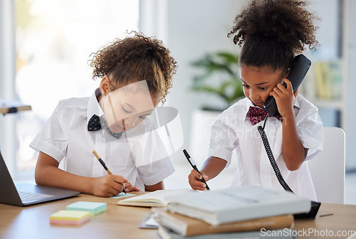 Image of Planning, telephone and children boss in the office while working on a project together with teamwork. Collaboration, landline and girl kids in business people cosplay pr costume in a workplace.