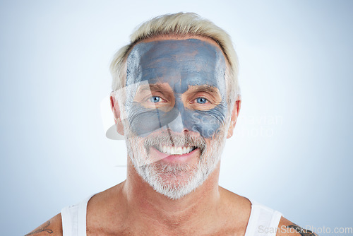 Image of Mask, skincare and facial with portrait of man in studio for cleansing, detox and spa. Cosmetics, beauty and dermatology with senior model on gray background for anti aging, product and natural