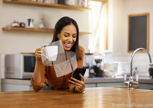 Image of Smile, kitchen and woman with phone, coffee and relax while browsing internet, checking social media or reading email. Chat, connect and work from home lifestyle, female on tea break in apartment.