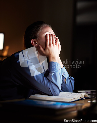 Image of Business woman, headache and exhausted with burnout and working night, stress migraine and mental health. Female employee at desk, overtime and fatigue, overworked and tired, depression and brain fog