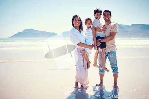 Image of Beach, family and portrait of parents with kids, smile and bonding together on ocean vacation mockup. Sun, fun and happiness for hispanic man, woman and children on summer holiday adventure in Mexico