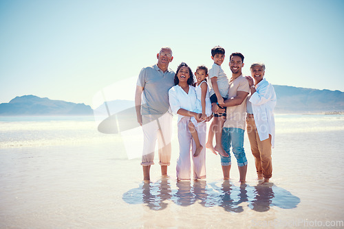 Image of Beach, big family and portrait of grandparents, kids and parents, smile and bonding on ocean vacation mockup. Sun, fun and happiness for hispanic men, women and children on summer holiday in Mexico.