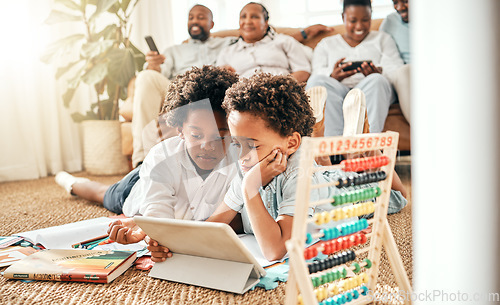 Image of Tablet, elearning and relax of children on floor of living room for movies, education and homework. Study, technology and digital with siblings at home for remote school, streaming and internet