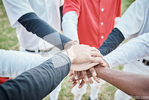 Image of Hands, motivation or baseball people in huddle with support, hope or faith on sports field in game together. Closeup of teamwork, collaboration or group of softball athletes with goals or solidarity