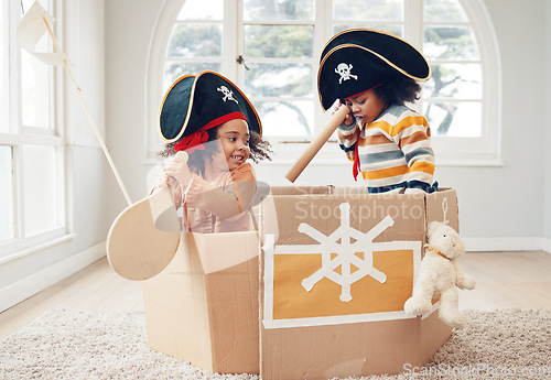 Image of Playing, box ship and pirate kids role play, fantasy imagine or pretend as yacht captain in cardboard container. Creative sailor, fun home game or sailing black children on Halloween cruise adventure