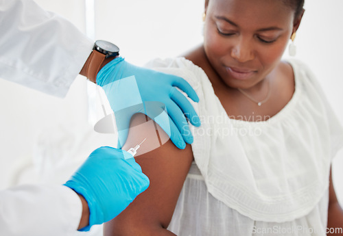 Image of Doctor, hands and patient arm injection for covid vaccination, booster shot or immunity at hospital. Hand of a medical professional holding client arms for needle prick, vaccine or treatment for cure