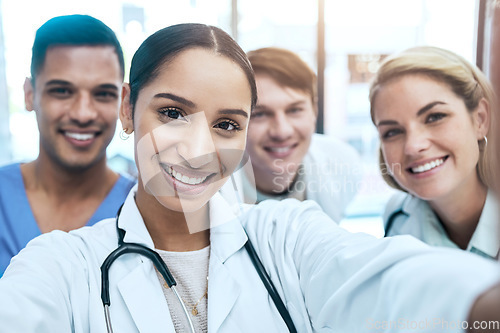 Image of Portrait selfie of doctors, nurses or healthcare group of people for social media or medical teamwork. Face of diversity women and internship people smile in profile picture for career post or memory