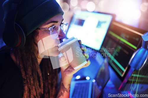 Image of Computer, coffee or woman hacker in dark room at night for coding, phishing or researching blockchain. Data analysis, programmer or girl hacking online in digital cybersecurity on global ai website