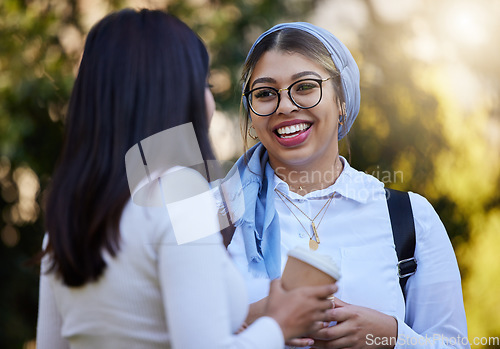 Image of Happy, break or university friends at park on campus for learning, education or future goals together. Girls Muslim or students relaxing with school books meeting for research or college knowledge