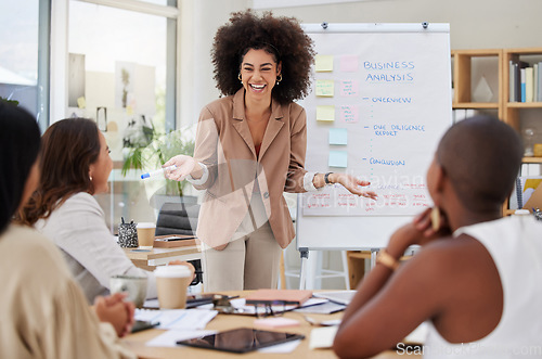 Image of Meeting, happy woman speaker and women employee group with business analysis presentation. Whiteboard, business worker and happiness of staff from collaboration and report teamwork of working team