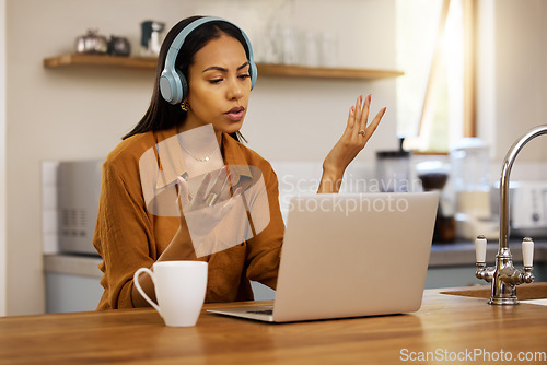 Image of Video call, remote work and woman on laptop in meeting for virtual discussion, strategy and planning at home. Freelance, business and girl with headphones for seminar, working online and conversation