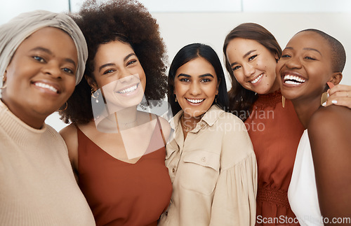 Image of Happy woman, friends and portrait smile for selfie, profile picture or social media business at the office. Excited or friendly group of women face smiling for photo, vlog or online post at workplace