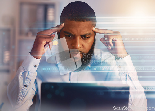 Image of Thinking, finance hologram and black man on laptop working on stock trading, data analytics and research. Digital overlay, business and male worker with ideas, brainstorming and strategy on computer