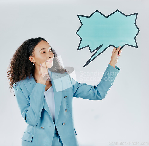 Image of Business woman, speech bubble and thinking in studio for mockup, opinion and space by white background. Happy entrepreneur, smile and ideas for social media, mock up and happiness for company promo