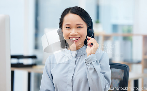 Image of Woman, call center and happy in portrait, communication and CRM, headset with mic in office. Contact us, customer service or telemarketing, Asian female consultant with smile and help desk