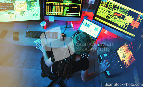 Image of Coding hacker, woman programmer and computer work for cybersecurity, programming and big data. Hack above, dashboard and technology of a female working on futuristic, iot and software database