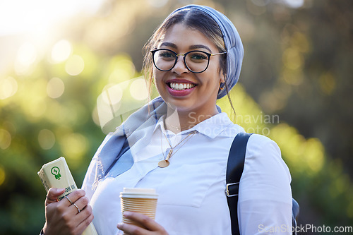 Image of Study, portrait and happy woman at park, university campus or outdoor distance learning, education and reading. Muslim, islamic or arabic student with school book for research or college knowledge