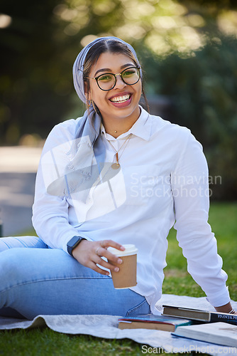 Image of Study, portrait and happy woman at park, university campus or outdoor distance learning, education or reading. Muslim, islamic or arabic student with books for research, studying or college knowledge