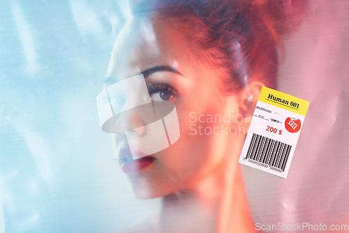 Image of Portrait, plastic and woman in studio with human trafficking label package with barcode sale sign. Face, aesthetic and girl packaging for concept, abstract or creative model posing for conceptual art