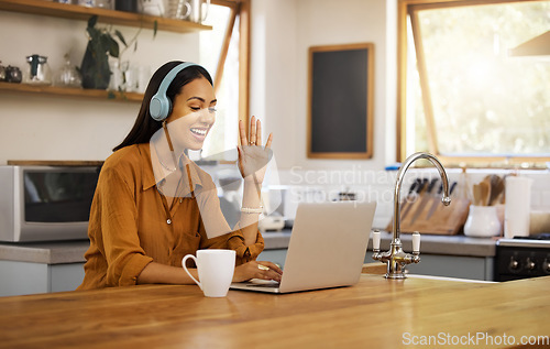 Image of Remote work, video call and woman on laptop in home for virtual meeting, strategy and business planning. Freelance, communication and girl working with headphones for seminar, talking or conversation