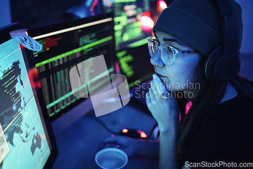 Image of Woman, computer and hacker thinking with headphones and programming for cybersecurity. Music, radio podcast and female reading map for hacking, location or phishing, idea or dark web at night in home