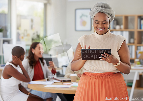 Image of Black woman, business and tablet, leadership and technology, presentation and speaker with team leader. Happy female, check digital device and meeting, professional with smile and internet search