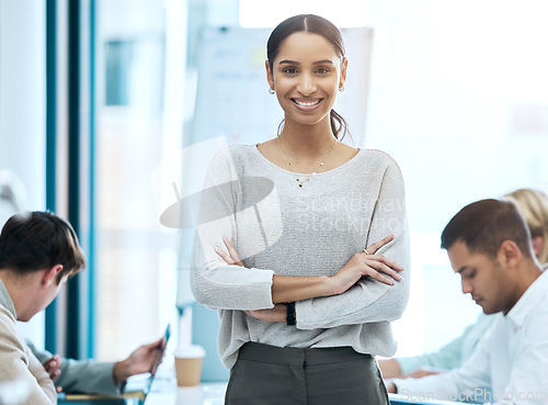 Image of Business woman, meeting and portrait in leadership, management or teamwork planning at office. Happy corporate leader or manager smile with arms crossed in confidence for team leading at workplace