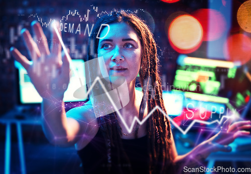 Image of Woman hacker, night and hologram overlay for economy, online banking system and graph for data analysis. IT expert, dark web and cyber crime in computer lab with holographic display for market trend