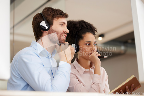 Image of Man, woman and call center training at computer with notebook, helping hand or thinking together. Crm teamwork, tech support or learning for customer experience with diversity in office with notes