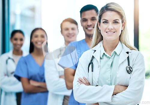 Image of Proud portrait, team of doctors with healthcare service, leadership and happy teamwork in hospital diversity. Professional medical woman manager and people with mindset for clinic or health career