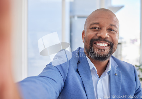 Image of Happy black man, mature or selfie portrait for about us, company profile picture or CEO business introduction. Smile, face or corporate photography of manager person, worker or employee social media