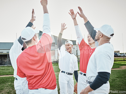 Image of Hands up, motivation or sports people in huddle with support, hope or faith on baseball field in game together. Teamwork, happy people or group of excited softball athletes with goals or solidarity