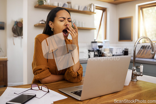 Image of Woman is tired, yawning and remote work with laptop, burnout and overworked with bored employee. Working from home, freelancer and fatigue, connectivity and exhausted with professional female