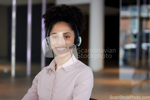 Image of Smile, business and portrait of woman at call center for b2b connection, contact us and crm consulting. Telemarketing, customer support and female worker for friendly service, mockup space and help