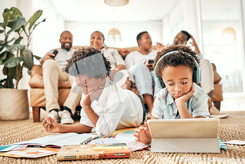 Image of Tablet, elearning and streaming with children on floor of living room for relax, education and homework. Study, technology and digital with siblings at home for remote school, watching and internet